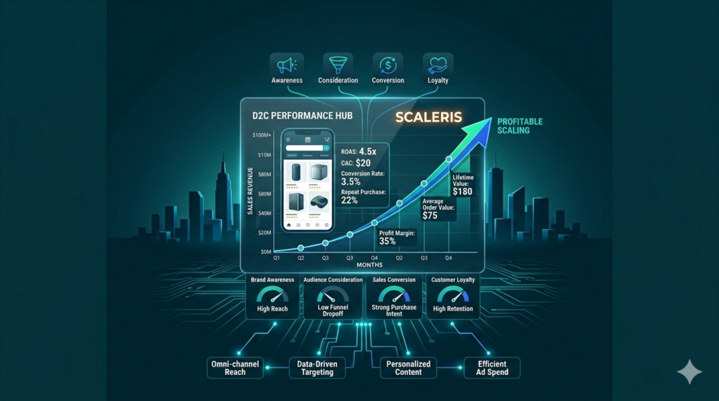 Digital illustration of a D2C brand scaling profitably with a full marketing funnel, glowing performance metrics, upward conversion graphs, and a mobile-first storefront in teal and electric blue