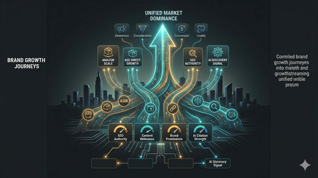 Digital illustration showing multiple brand growth channels — Amazon, D2C, SEO, and AI discovery — converging into a single upward growth path with glowing teal data nodes