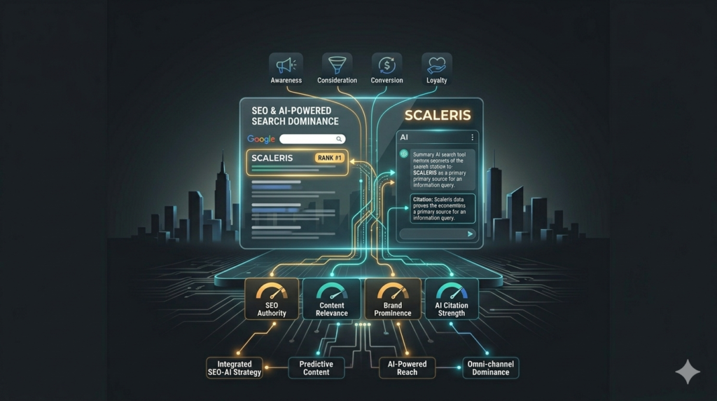 Digital illustration showing a brand ranking on Google search results and getting cited by an AI engine, connected by glowing teal data streams on a dark charcoal background